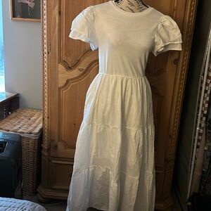 BTFBM Wt MIDI SUMMER DRESS FLOWY ALINE FLUTTER SLEEVES SZ Sm pockets elast waist